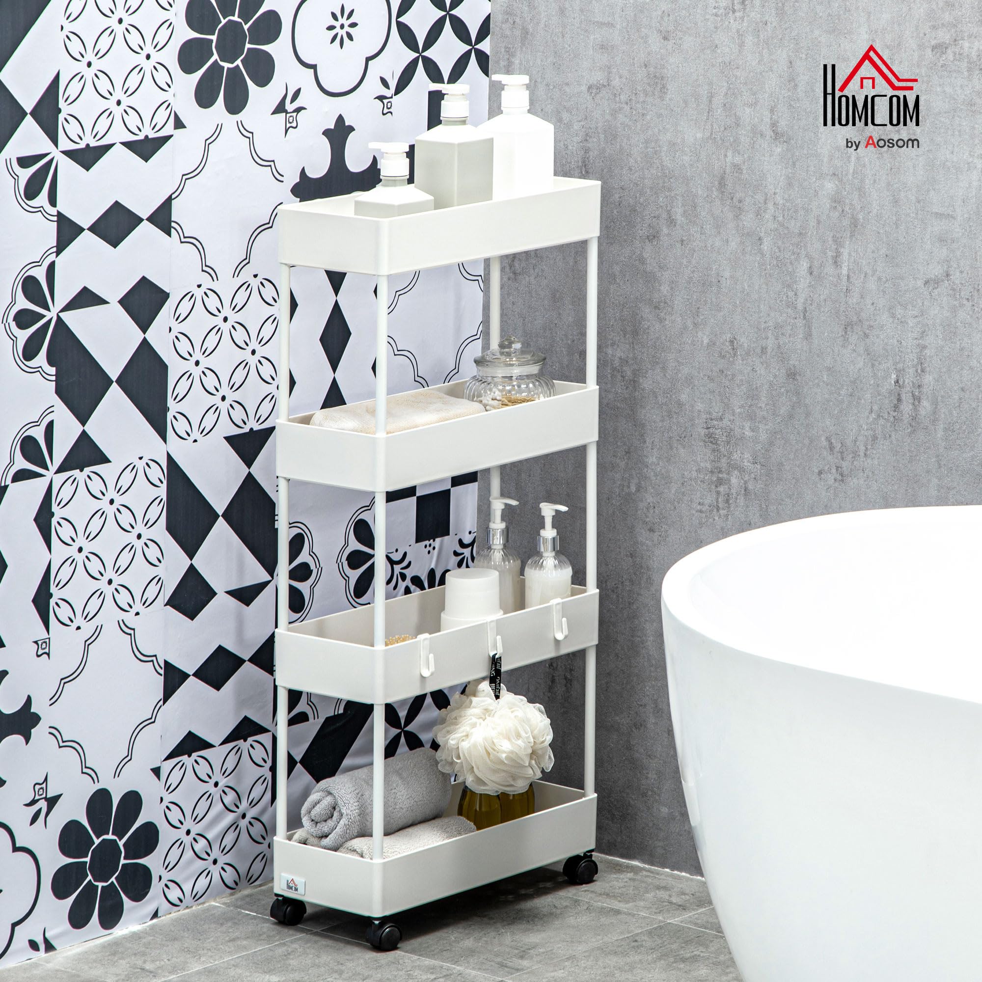 HOMCOM Desserte Chariot de Rangement 4 Niveaux, Chariot de Service Blanc | Desserte à Roulettes avec Paniers et Crochets Amovibles, pour Cuisine, Salon, Salle de Bain, Bureau