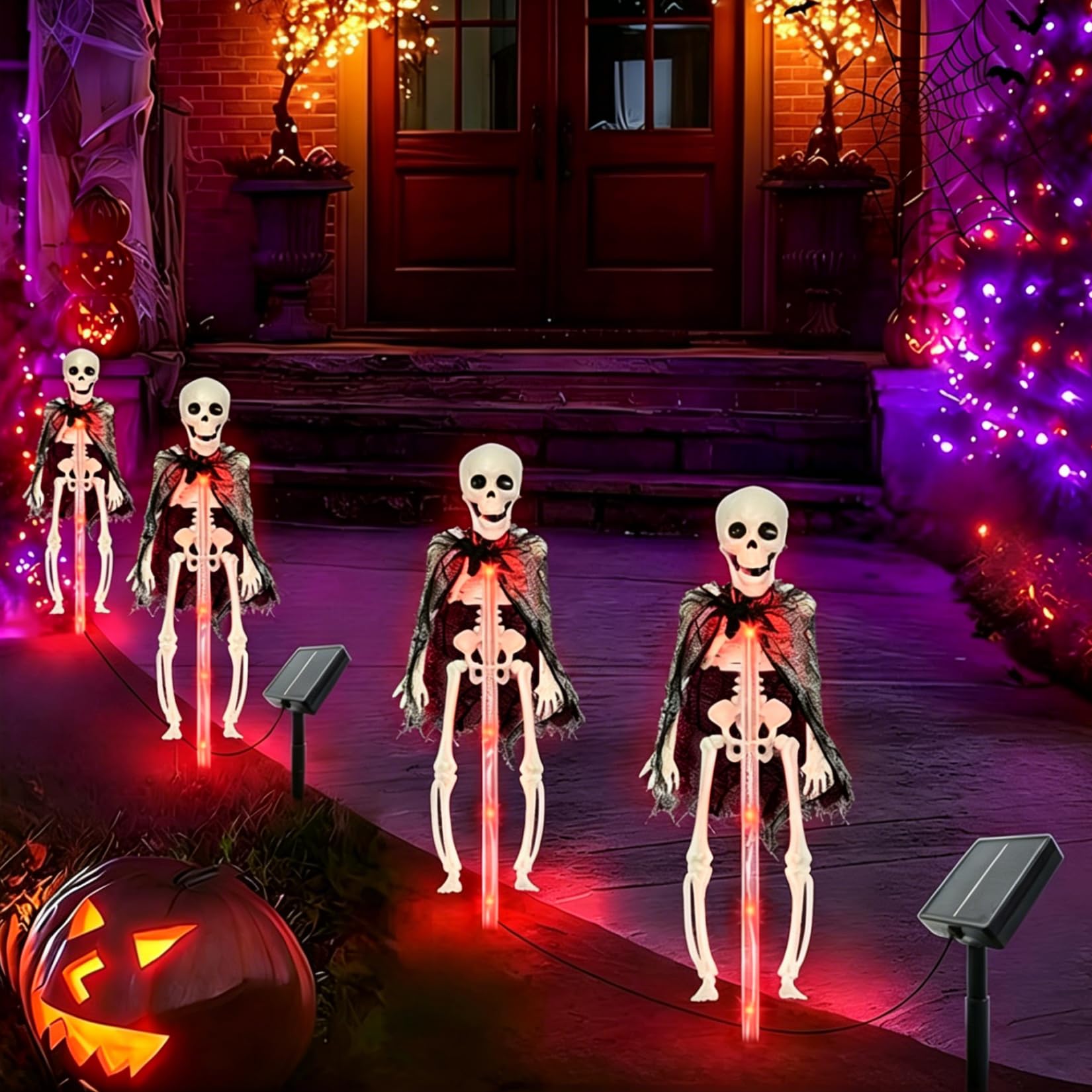 WREWING 2 Pack Solar Skeleton Yard Lights, 2-in-1 Set Waterproof Garden Halloween Decor, Outdoor Lawn Pathway Stake Lamp