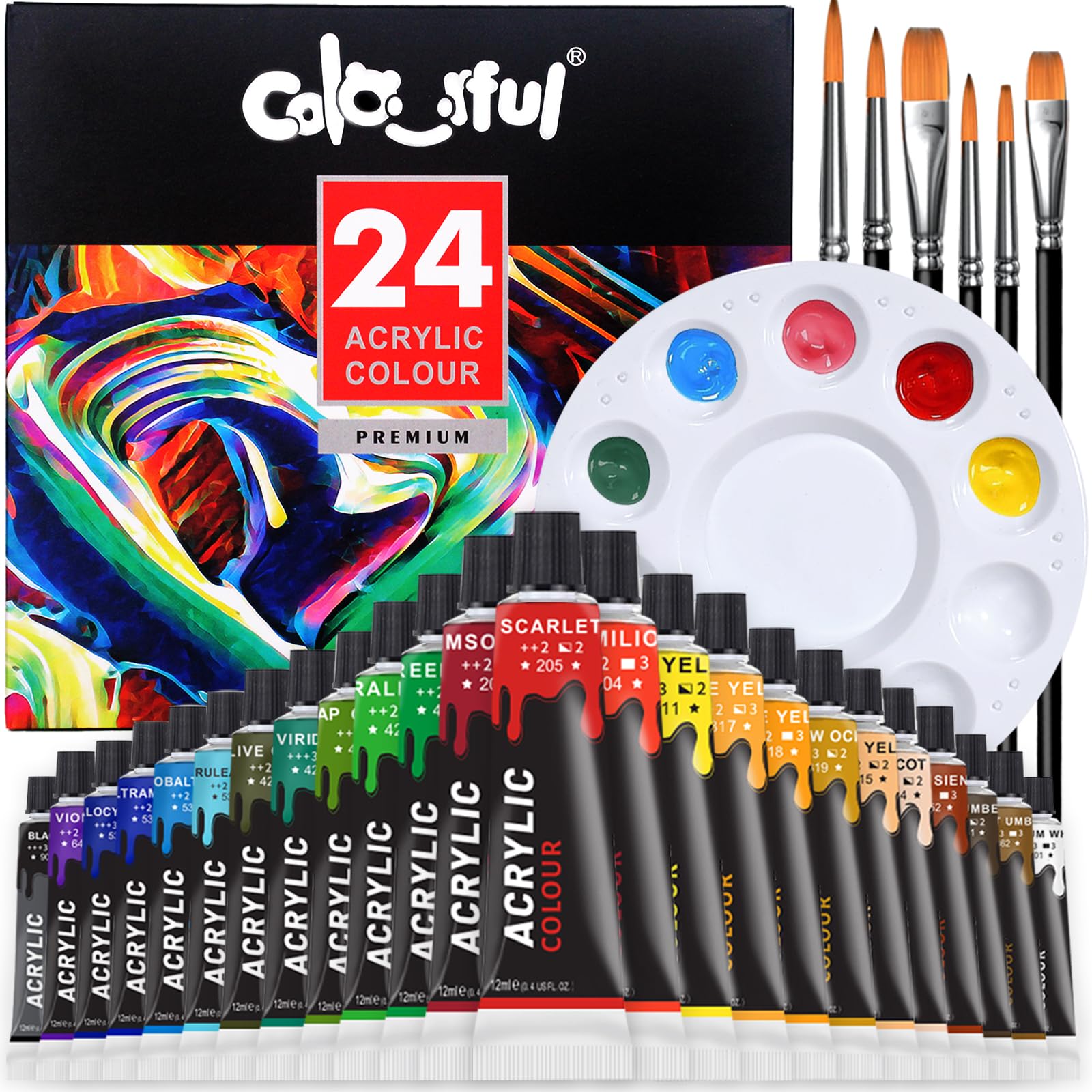 ColorfulAcrylic Paint Set for Kids Crafts, 24 Colors Acrylic Art Supplies Paint with 6 Brushes &1 Palette Acrylic Crafts Paint Kit, Non-Toxic Wood Paint Kits for Kids, Beginners
