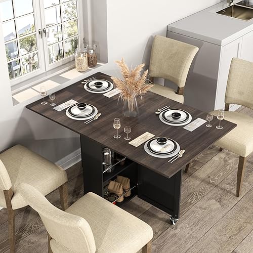 Miniatura 2 de 3imothrix Mesa de comedor plegable, mesa de comedor con cajón y almacenamiento y estantes, mesa de comedor que ahorra espacio con 6 ruedas, mesa de