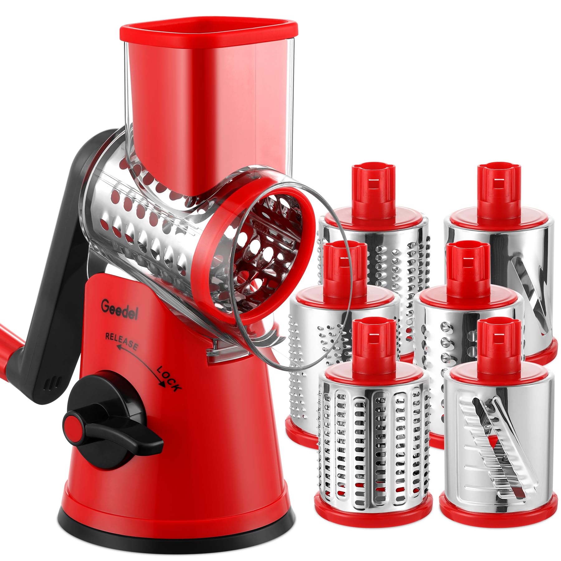 Geedel Rotary Cheese Grater Vegetable Shredder With 6 Interchangeable Blades No Slip Suction Base, Mandoline Slicer &amp; Food Chopper for Cheese, Ice, Nuts, Vegetables, Veggie
