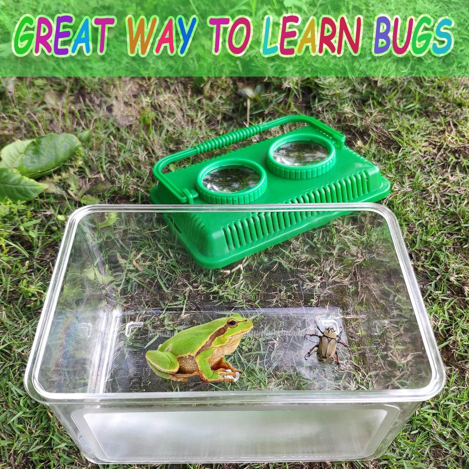 Bug Catcher Kit for Kids,Educational Bugnoculars Bug Viewer Container | Built in Double 5X Magnifier and Ruler with Tweezers to Catch & Observe Spider Frog Butterfly Fish Silkworm and Reptile