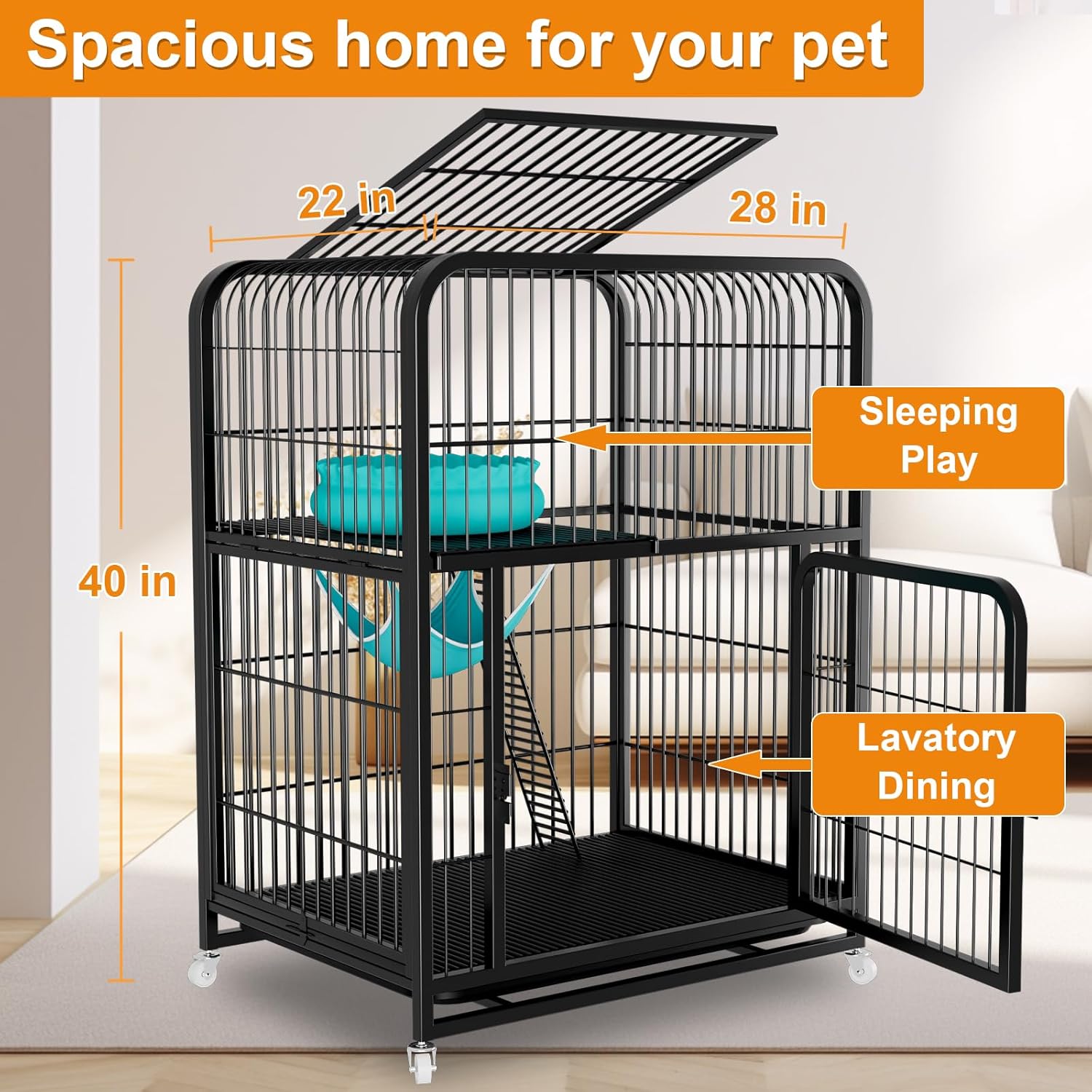 ???????? 40Inch Durable Cat Cage, Thickened Metal Wire Cat Enclosures Indoor with Wheels, Ladder, Removable Tray, Hammock & Bed for Small Cat Kittens (40Inch) 28.0"L x 22.0"W x 40.0"H