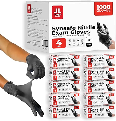 Synsafe 4 Mil - Guantes de nitrilo negros para examen – Desechables, sin látex ni polvo – Guantes de goma extra fuertes – Kit de primeros auxilios,
