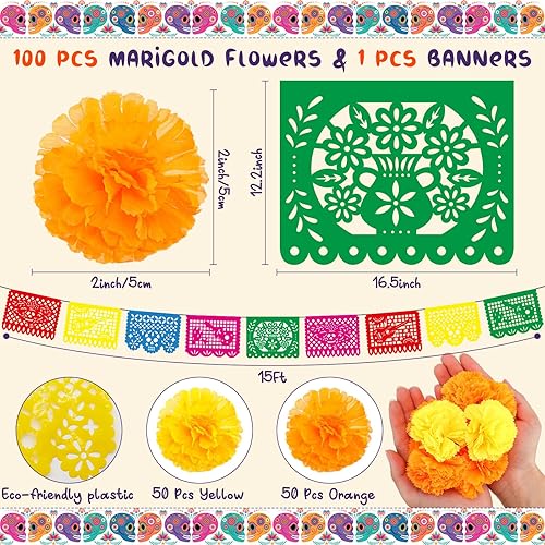 Miniatura 2 de Kigley Juego de 121 piezas de decoración del Día de los Muertos, flores de caléndula artificiales, kit de decoración de mariposa monarca para fiesta