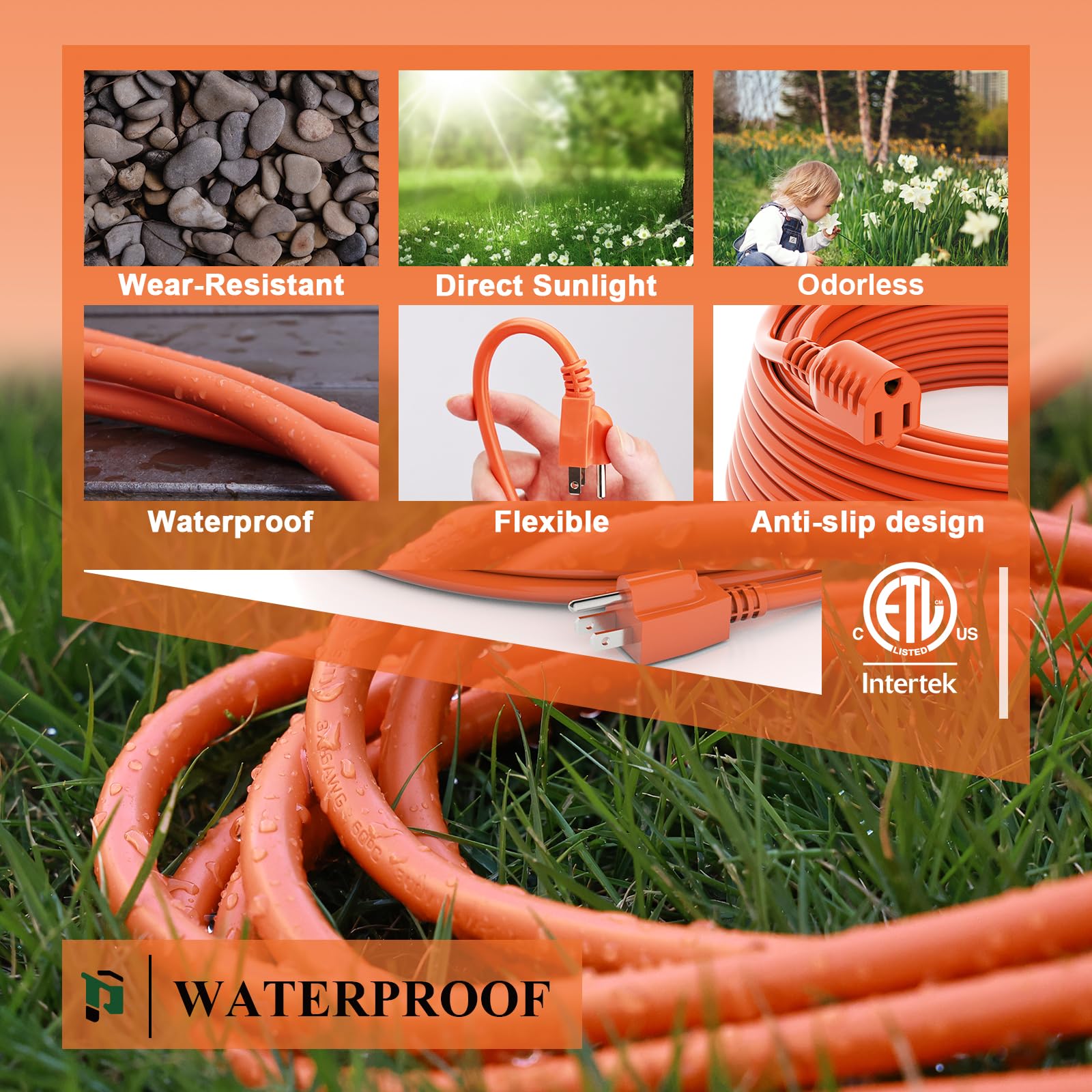 Cable de extensión para exteriores de 50 pies, resistente al agua, calibre 16/3, cable de extensión de 3 puntas, 13A 1625W SJTW, certificación ETL, ideal para jardín y hogar, color naranja