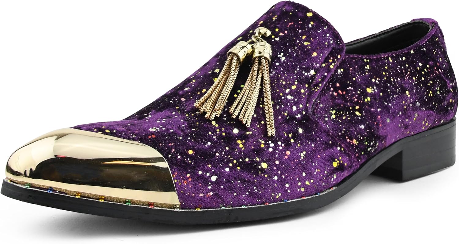 Amali Chaz, Men's Slippers - Loafers Men Slip on Shoes - Mens Casual Shoes - Man Made Velvet, Tuxedo Shoes - Metal Gold Chain Tassel & Gold Metal Tip, Dress Shoes - Gift