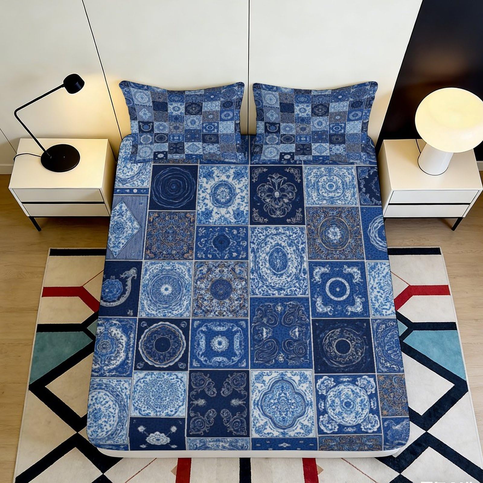 3D Printed Blue Mosaic Fitted Sheet Microfiber Geometric Patchwork Mattress Cover Anti-Slip Easy Care for Bedroom Guest Room Decor 90x200x25cm