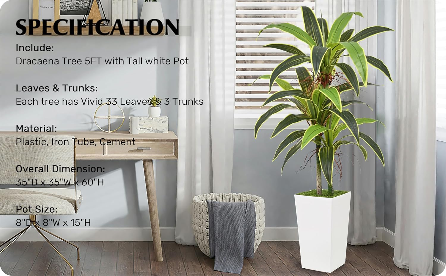 Roselywed Artificial Dracaena Tree 5FT with 33 Leaves & 3 Heads & White Tall Planter Cover with Green Moss Realistic Tall Large Fake Faux Tropical Yucca Silk Plant for Indoor Home Office Porch Decor