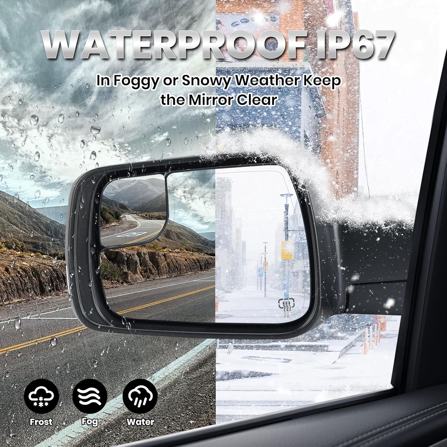 Left Driver Side Mirror Compatible with Ram 1500 2019-2025 Power Folding/Temperature Sensor/Heated/with Turn Signal/Puddle Light/Power Glass Texture Black (14 pins)