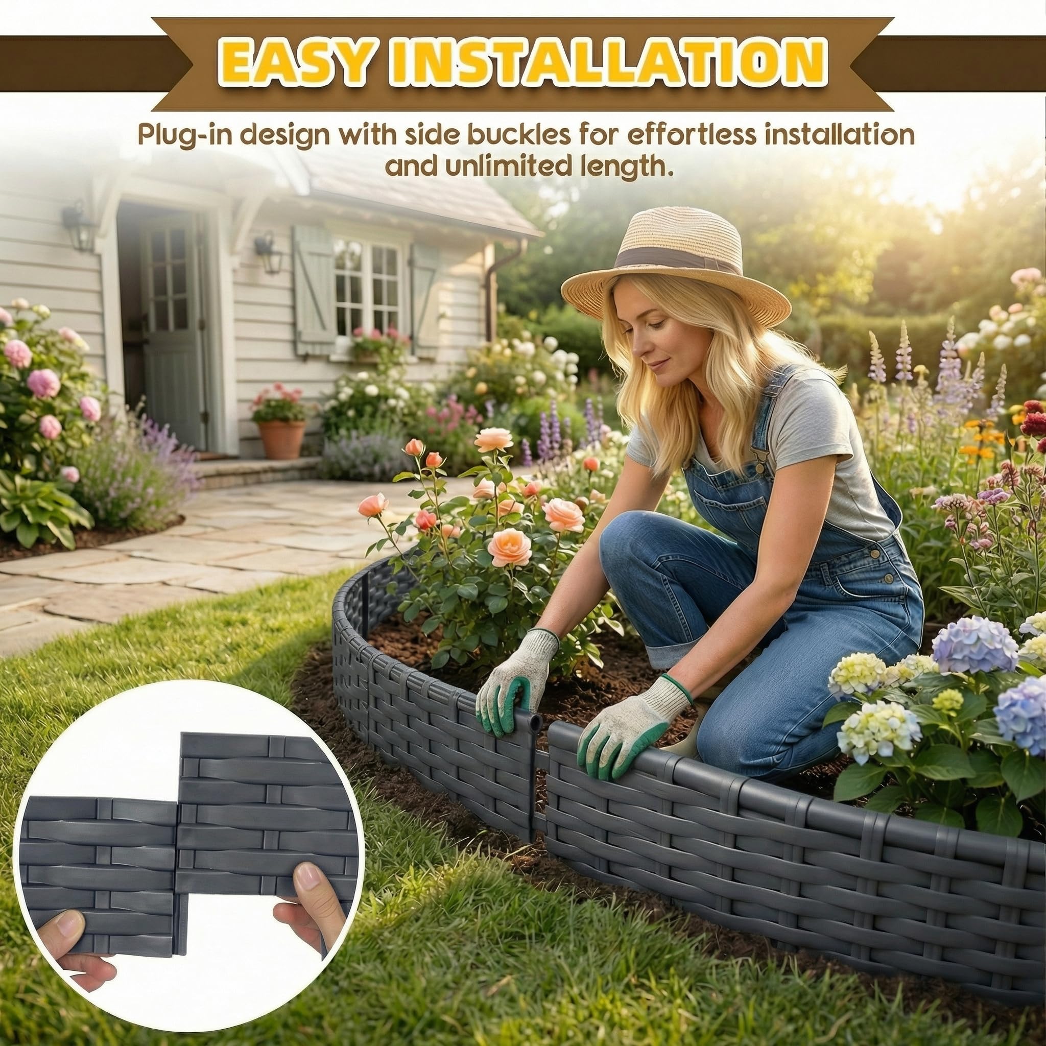Bordure de Jardin Imitation Rotin 10 m, Lot de 10 Panneaux, Clôture Extérieure Flexible et Décorative, Installation Facile pour Gazon, Allée, Anthracite