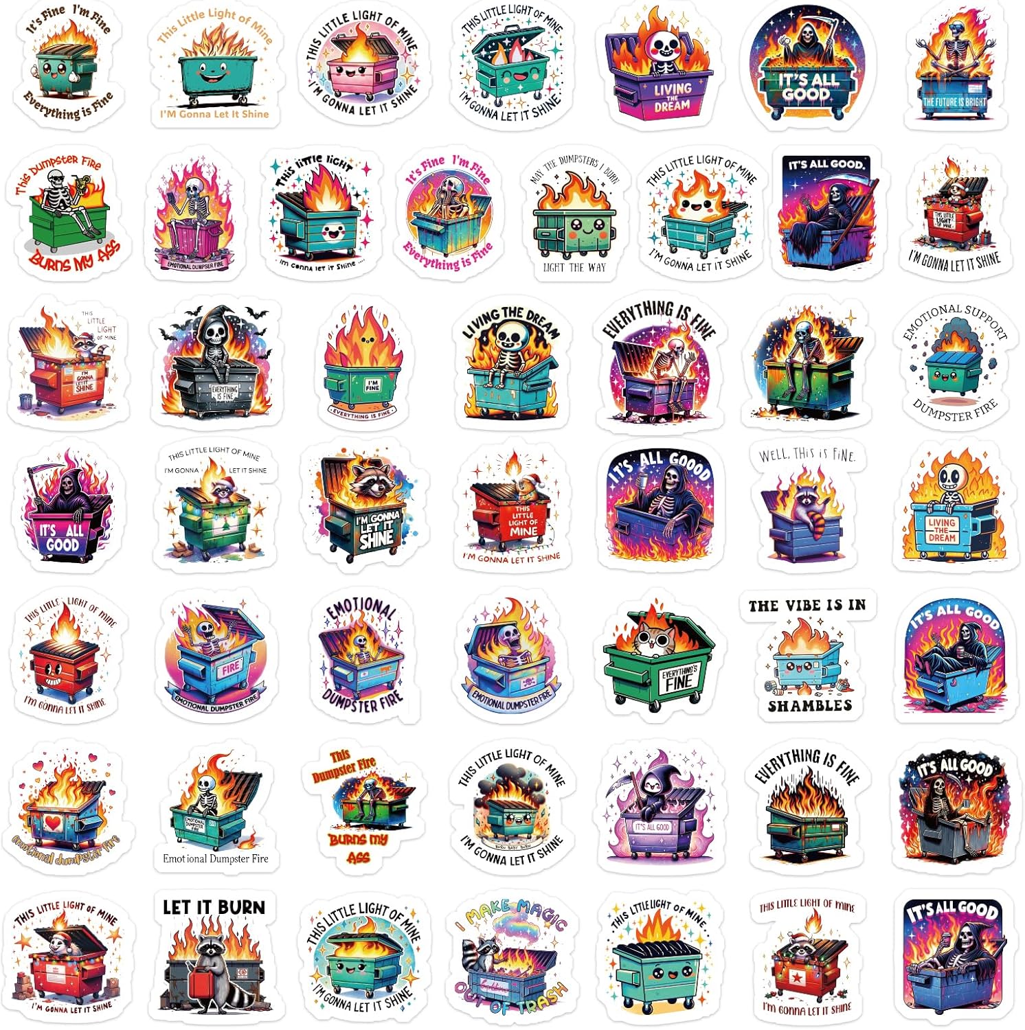 AFRITEE Funny Dumpster Fire Stickers - 50 Pcs Emotional Support Dumpster Fire Bulk Vinyl Sticker, Cute Skeleton Raccoon Waterproof Decal for Journal Water Bottle Laptop Bumper Decor Gift for Kid Teens - Image 2