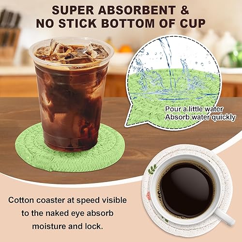 Miniatura 4 de Whaline Juego de 4 posavasos florales hechos a mano de algodón trenzados, color verde y blanco, antideslizantes, absorbentes, con soporte para
