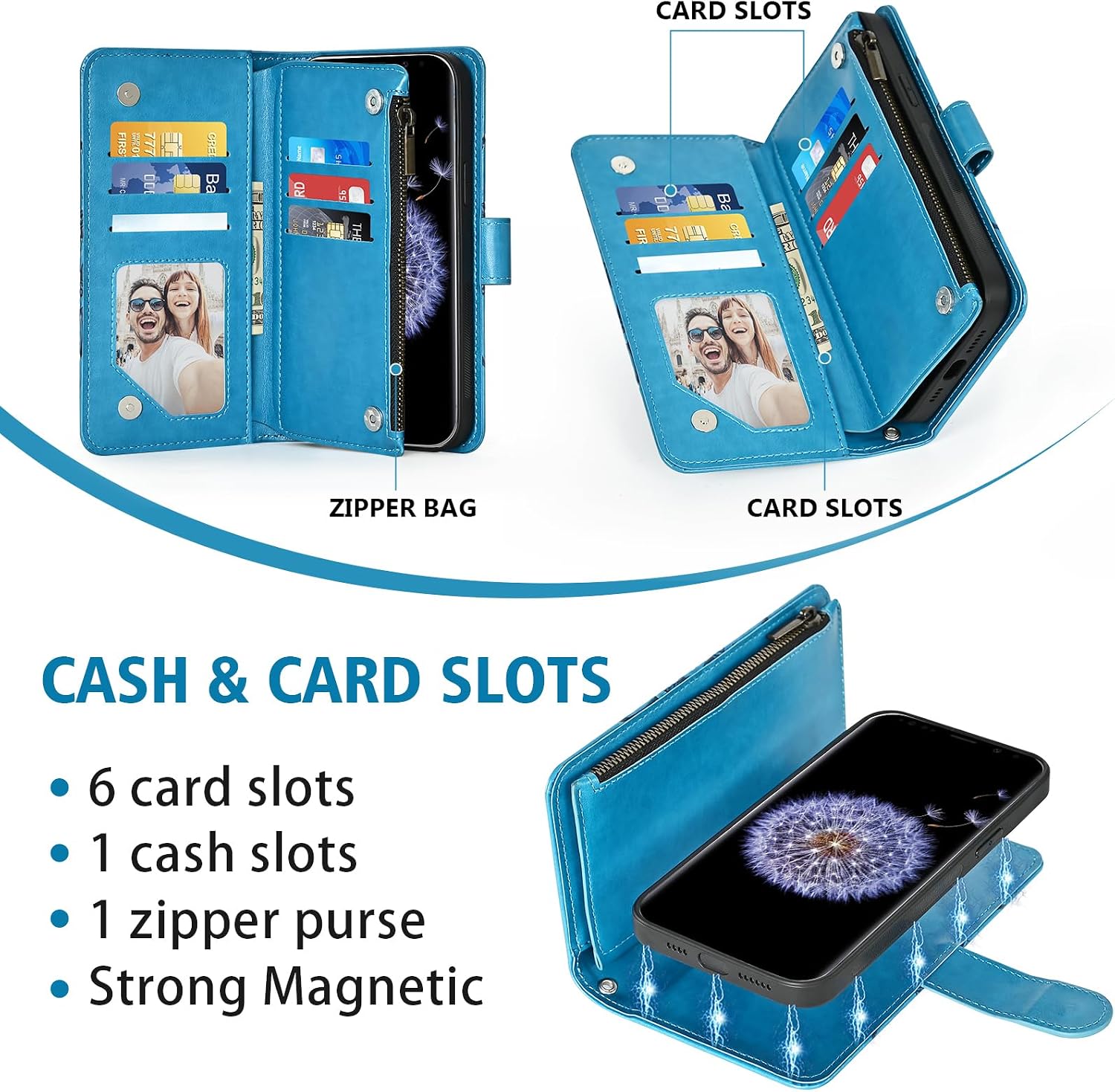 Asuwish Phone Case for Samsung Galaxy S9 Plus Zipper Wallet Detachable Cell Cover with Tempered Glass Screen Protector Crossbody Strap Flower Card Holder S9+ 9S 9+ S 9 9plus S9plus Women Girls Blue