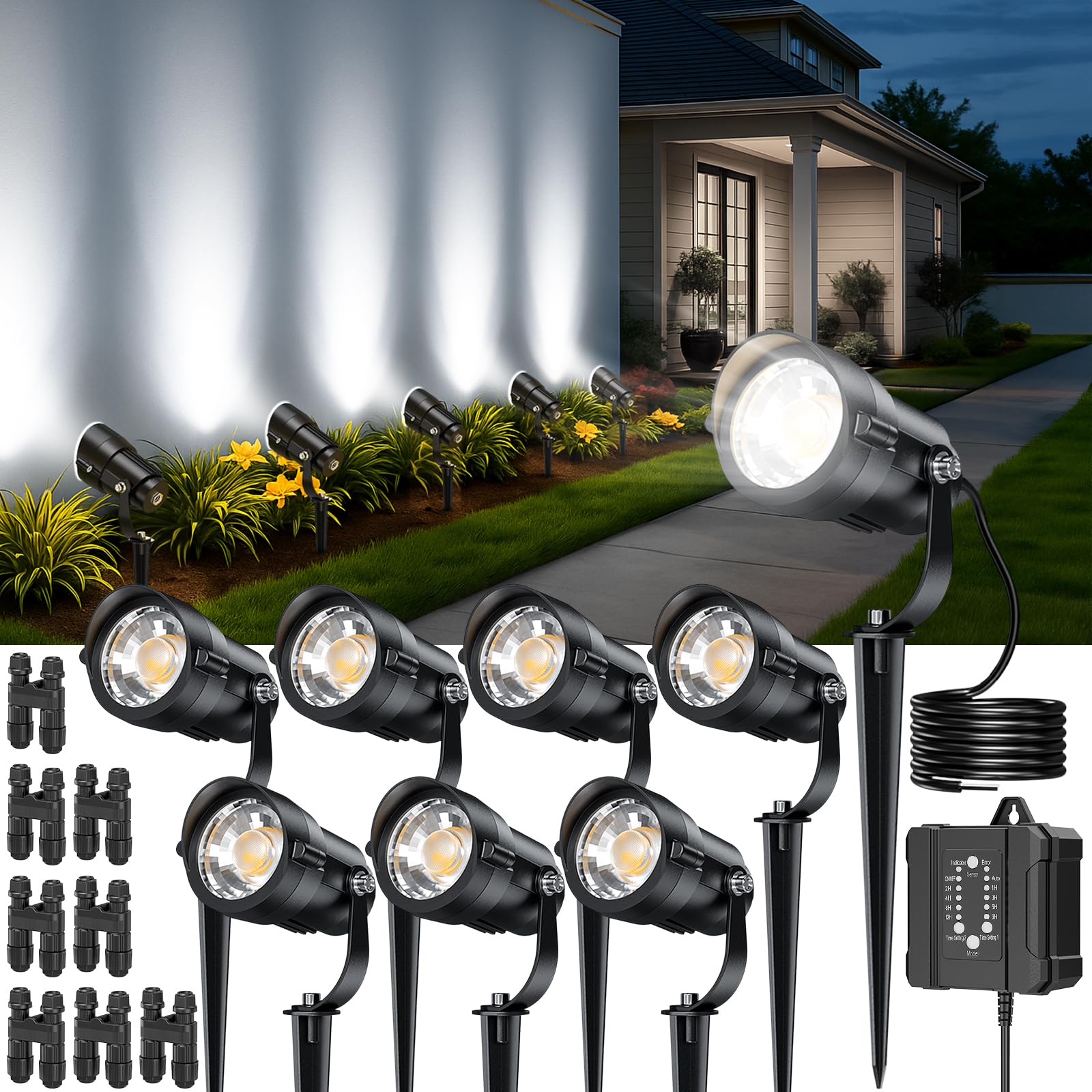 HIBOITEC Low Voltage Landscape Lighting 1200LM 12W with Connectors 100W Transformer Photocell Sensor and Timer Spotlights Landscape Lights Kit IP65