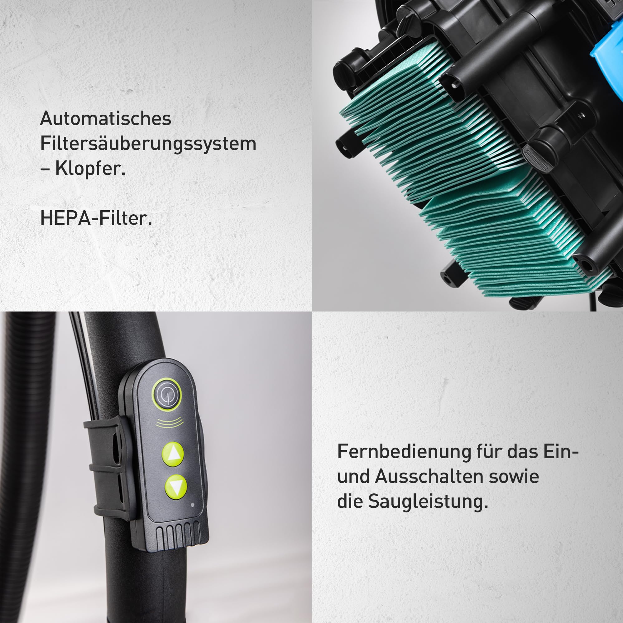 Högert Technik – Nass- und Trockensauger 30 L mit automatischer Filterreinigung, Funkfernbedienung, HEPA-Filter, Steckdose für Elektrowerkzeuge, 1600W Leistung