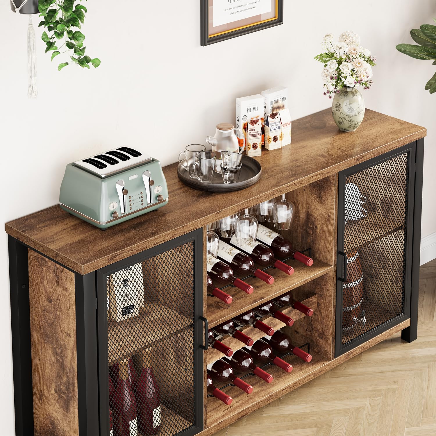 IBF Weinschrank Barschrank mit Weinregal und Glashalter Industrial Küchenschrank Kaffeebarschrank Sideboard Weinbarschrank für Küche Esszimmer Wohnzimmer Eingangsbereich,140 cm Rustikales Braun