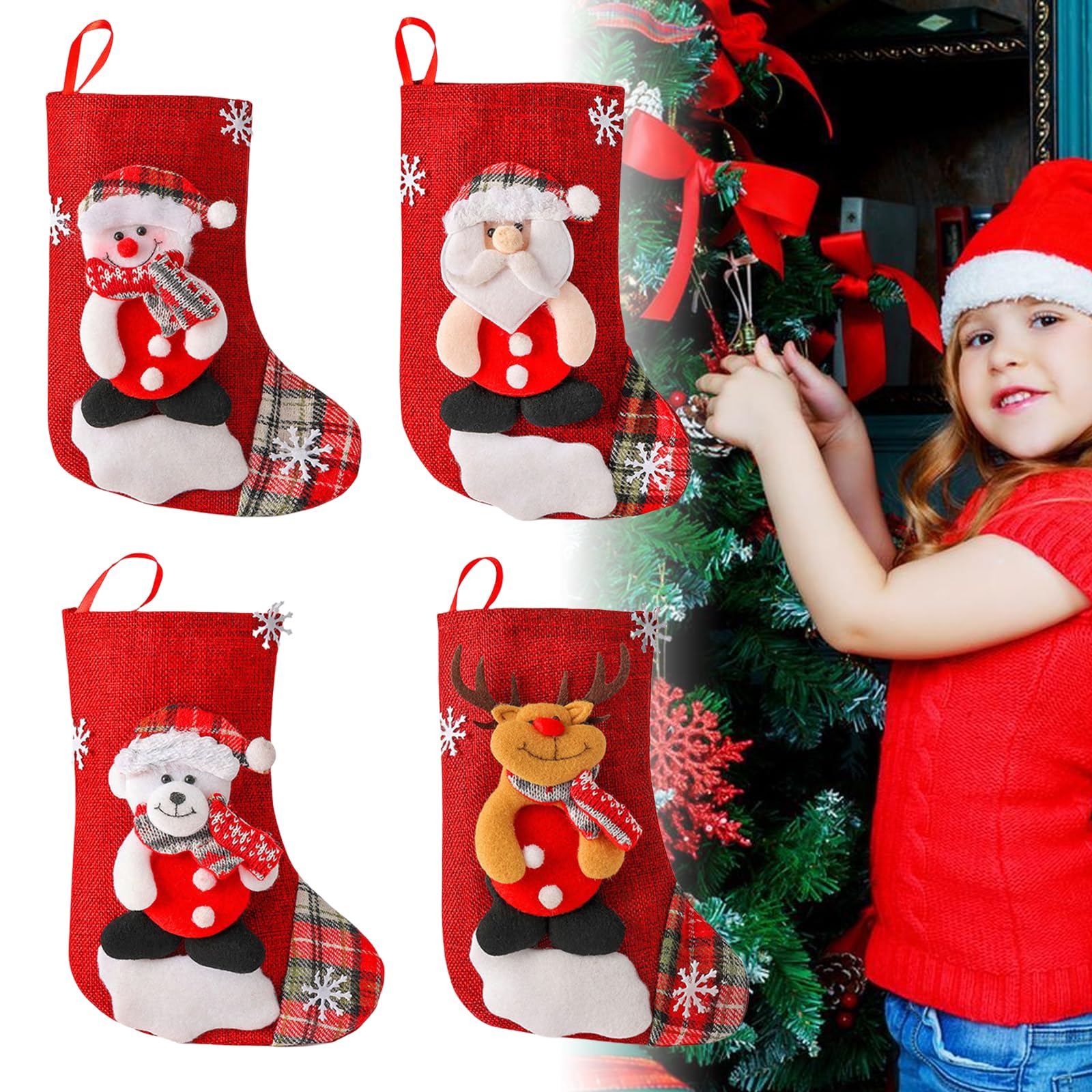 Sporgo Grande chaussette de Noël : lot de 4 chaussettes de Père Noël à remplir pendentif décoration de Noël, chaussette de Père Noël sac cadeau suspendre cheminées, murs, escaliers, arbres de Noël
