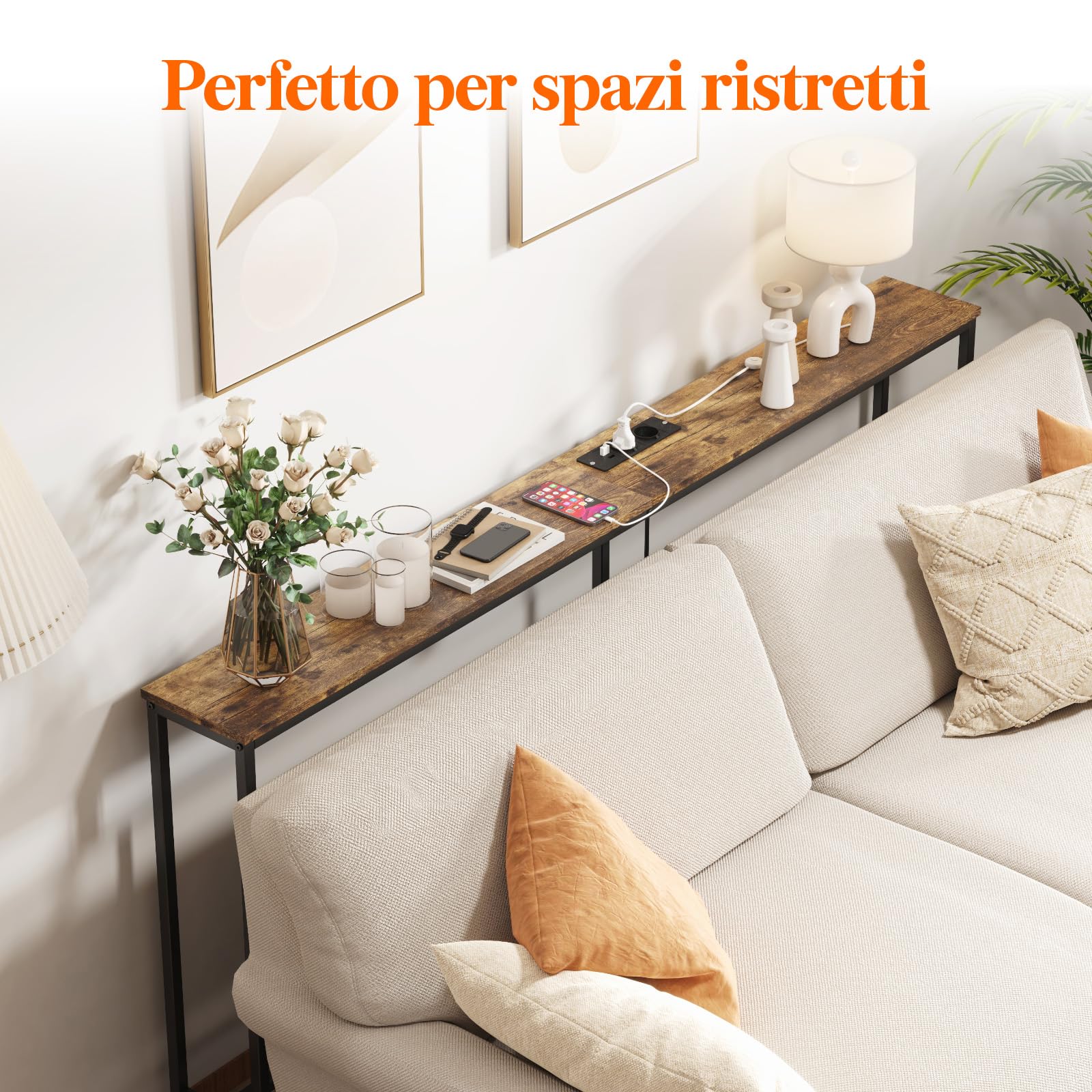 Lifewit Consolle Stretta 180cm con 2 Prese e Porta USB per il Soggiorno, Tavolo da Ingresso Industriale, Ingresso del Corridoio, Corridoio Dell'ufficio, Dietro il Divano, 180x20x80cm, Marrone Rustico