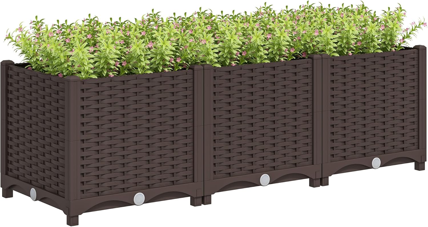 Outsunny 4 x 1 x 1 ft Raised Garden Bed, Indoor Outdoor Plastic Planter Box with Drainage Holes, Drain Plugs and Water Reservoirs for Vegetables, Herbs, Flowers & Succulents, Brown