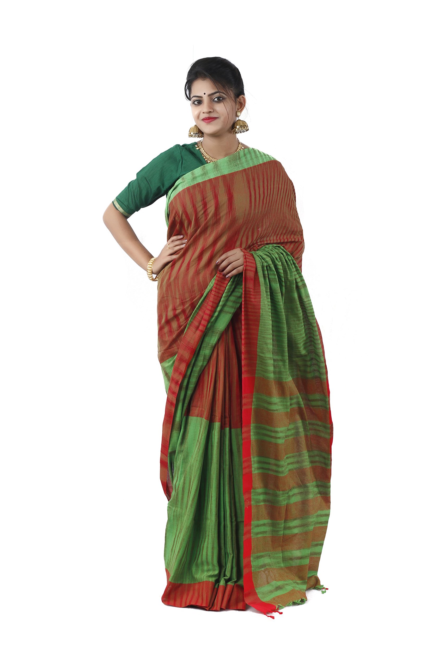 DIPALI ENTERPRISE Cotton Made Self Designed Half & Half Saree For Women's-Red And Green-RB-WS-093-42