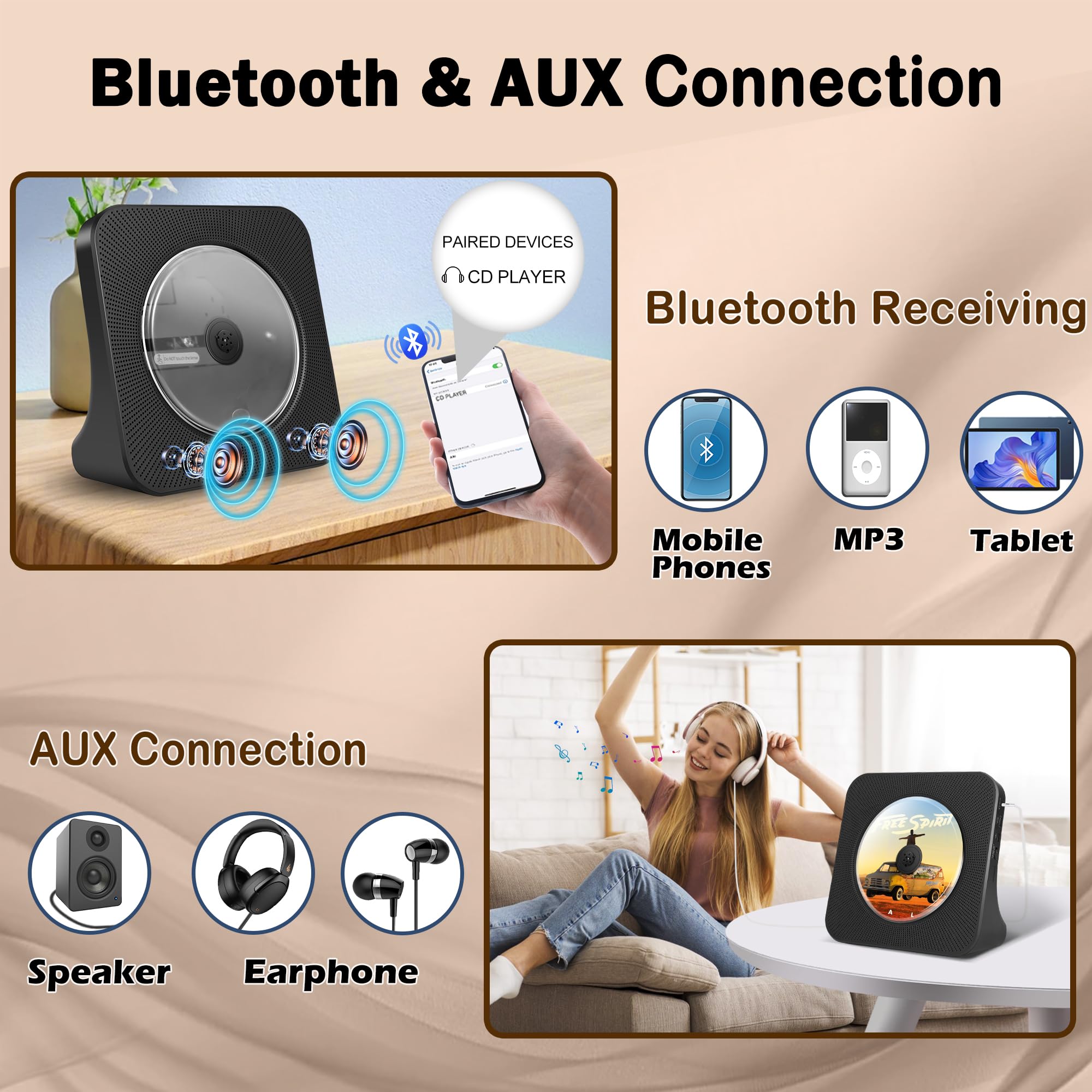 Lecteur CD Portable Bluetooth, 4000mAh Rechargeable pour Voiture, Poste CD HiFi avec télécommande, Connexion USB et AUX, FM Radio, CDs, Noir