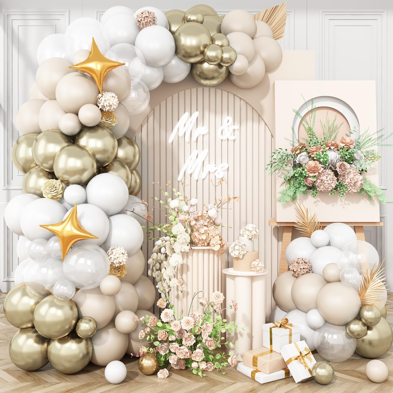 Cream White Gold Balloon Arch Kit, Nude Beige White Balloons Garland with Metallic Champagne Gold Clear Balloons Star Foil Balloon, for Boho Birthday