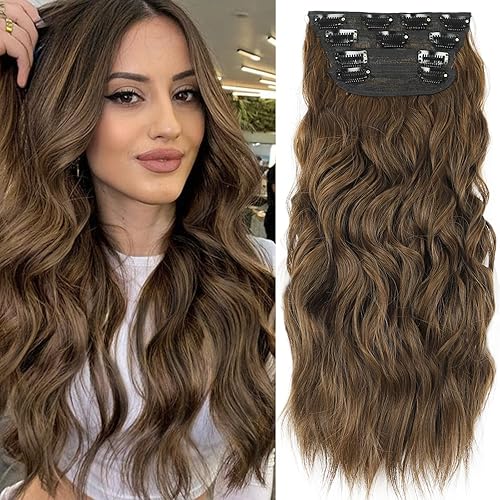 Vigorous Extensiones de cabello con clip, color granate, extensiones de cabello largo ondulado para mujer, extensiones de cabello sintético (4PSC de