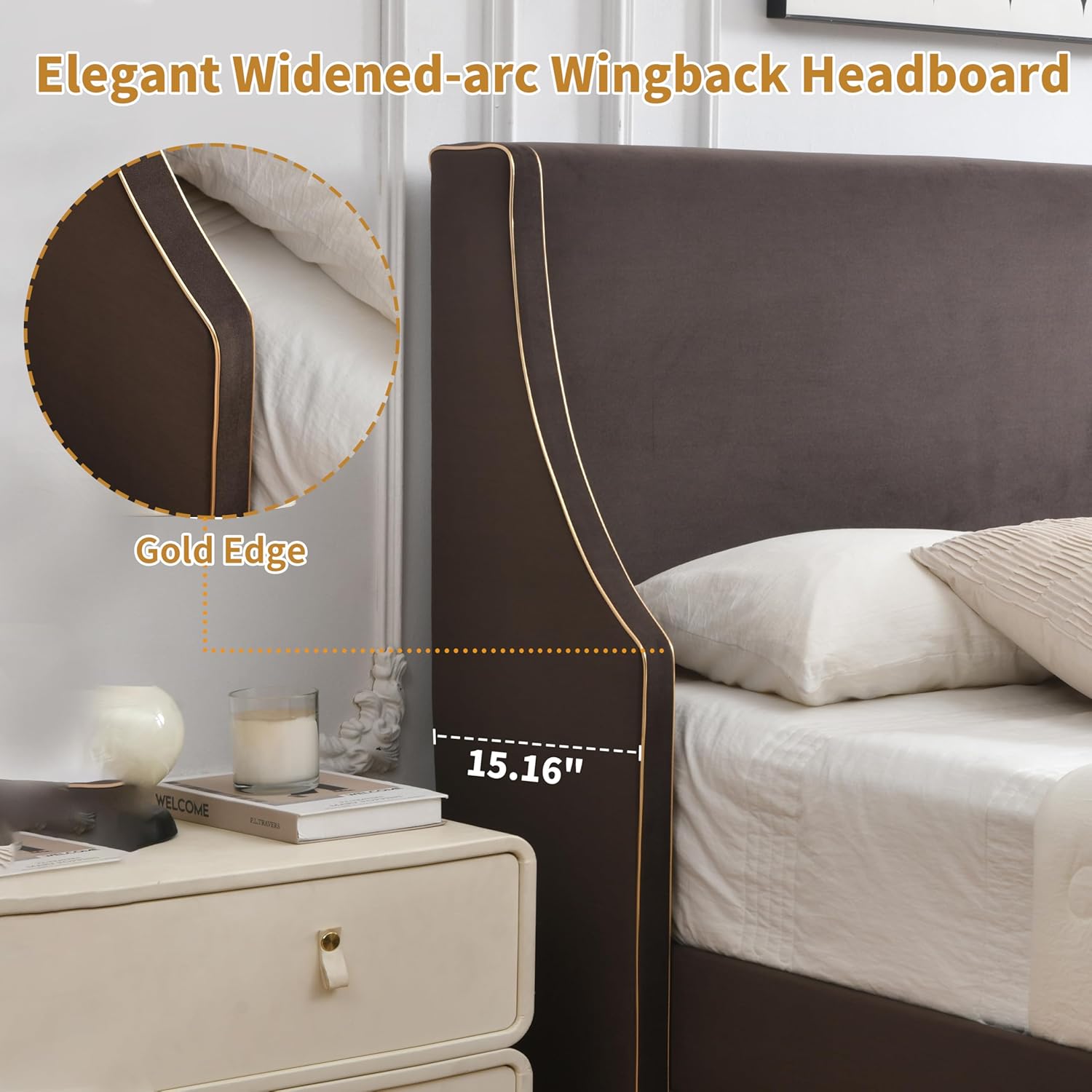 Queen Size Upholstered Platform Bed Frame, 15.16" Gold Edge Wingback Headboard, Linen Fabric & Wooden Slats, No Box Spring Needed, Easy Assembly, Brwon
