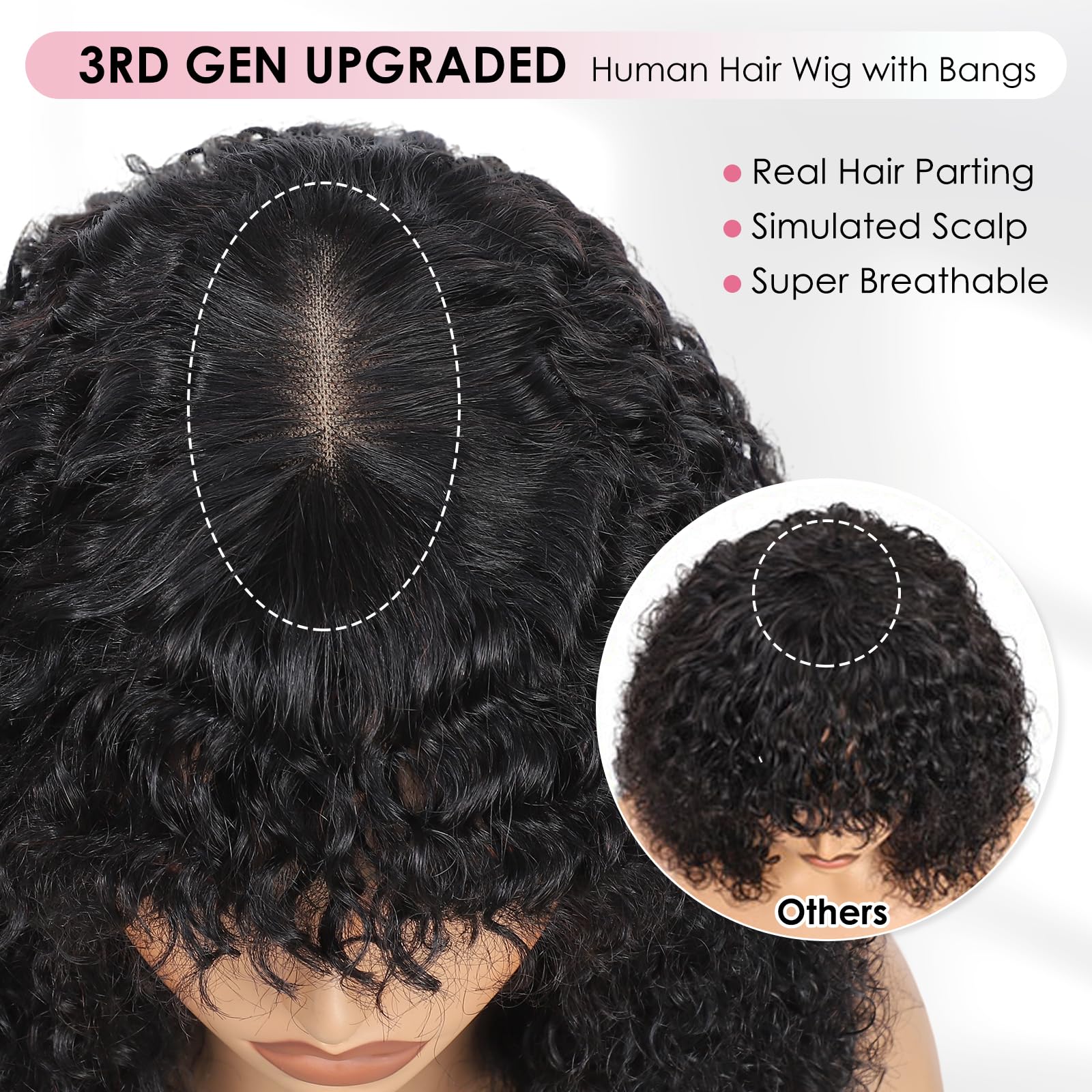 Beluck Glueless Human Hair Wig With Bangs,Short Water Wave Curly Bob Wig Human Hair Wig 180% Density for Women Ready To Wear (10 Inch Black) - Image 3