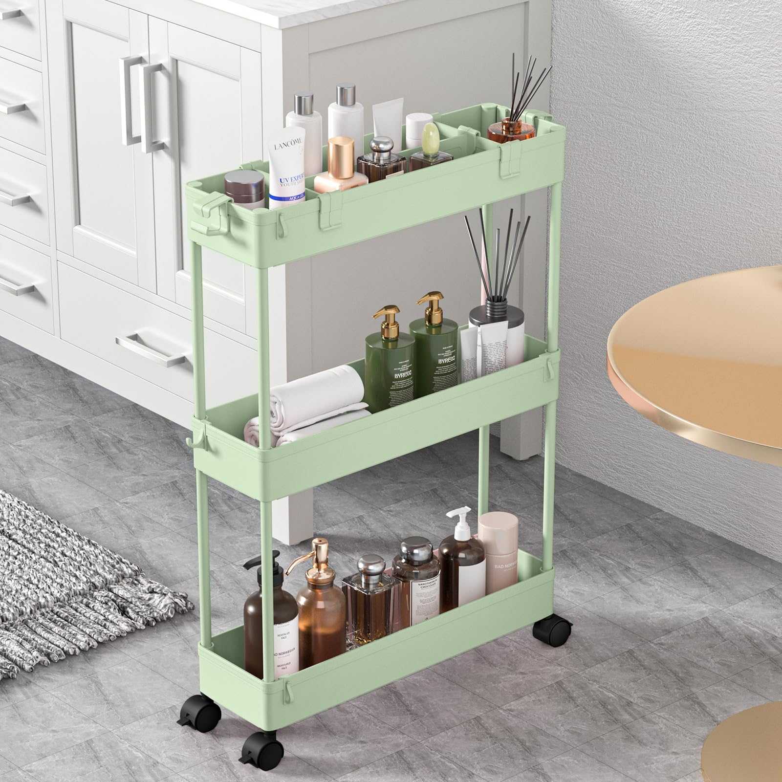 SPACELEAD Slim Storage Cart,3 Tier Bathroom Rolling Utility Cart Storage Organizer Slide Out Cart, Mobile Shelving Unit Organizer Trolley for Office Bathroom Kitchen Laundry Room Narrow Places, Green