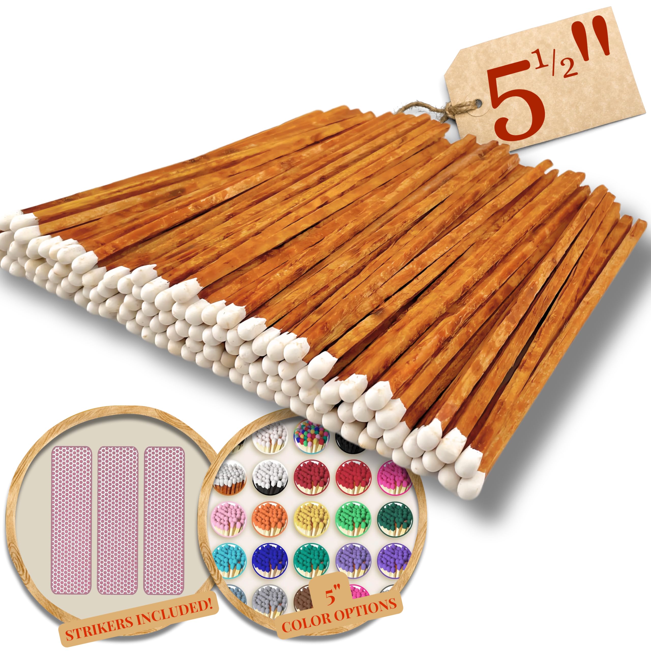 100 Count | 5.5" White on Brown Stick Matches | Strikers Included | Color Tip Wooden Match | Refill for Matchstick Jars, Candle Display, Holders &