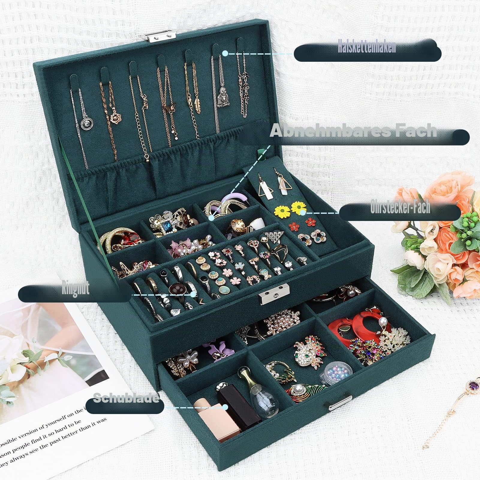 Schmuckkasten, Schmuckkästchen mit Schubladen für Damen Mädchen, Samt Schmuckbox Schmuckschatulle Groß Schmuck Organizer für Ringe Ohrringe Armbänder Halsketten, Dunkelgrün