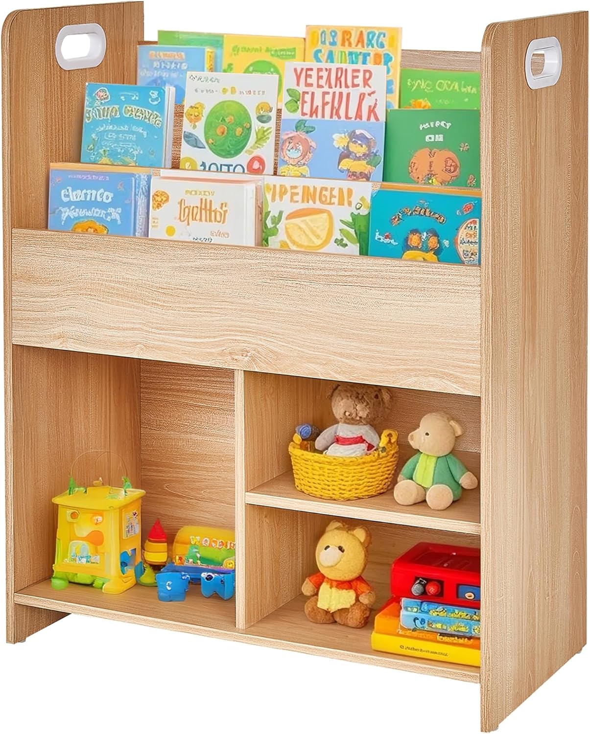 VECELO Wooden Children’s Bookshelf - Kids Book Organizer with 3-Tier Display and 2-Tier Storage Compartments, Easy-to-Access Toddler Bookcase for Playroom, Bedroom, or Nursery - Teak - Image 3
