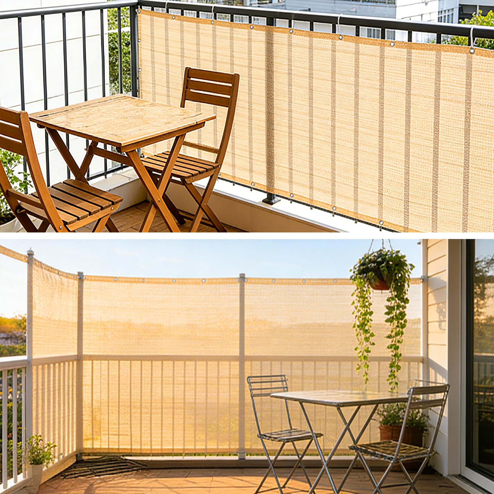 Osłona Balkonowa 195 x 700 cm HDPE 220 G M² Bez Wiercenia, Nieprzejrzysta, Odporna Na Uv, Odporna Na Rozdarcie, Ochrona Przed Spojrzeniami Z Oczkami I Linką Do Podwórka, Piaskowy żółty