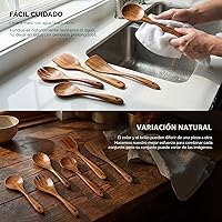 Vista 5 de Zulay Kitchen Juego de 6 cucharas de madera para cocinar, juego de utensilios de madera de teca natural, fácil de limpiar, duradero, suave