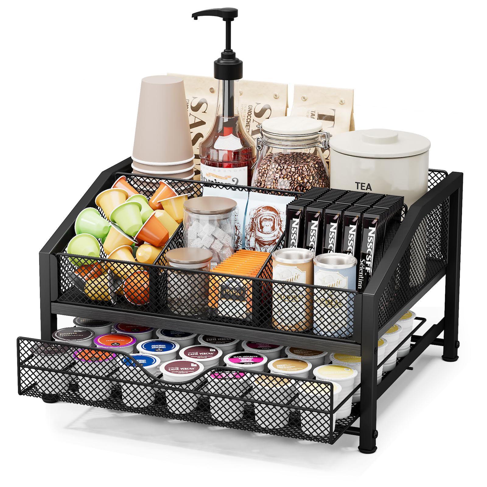 Homsorout Coffee Bar Organizer, Metal &amp; Wood Coffee Station Holds 42 K Cup
