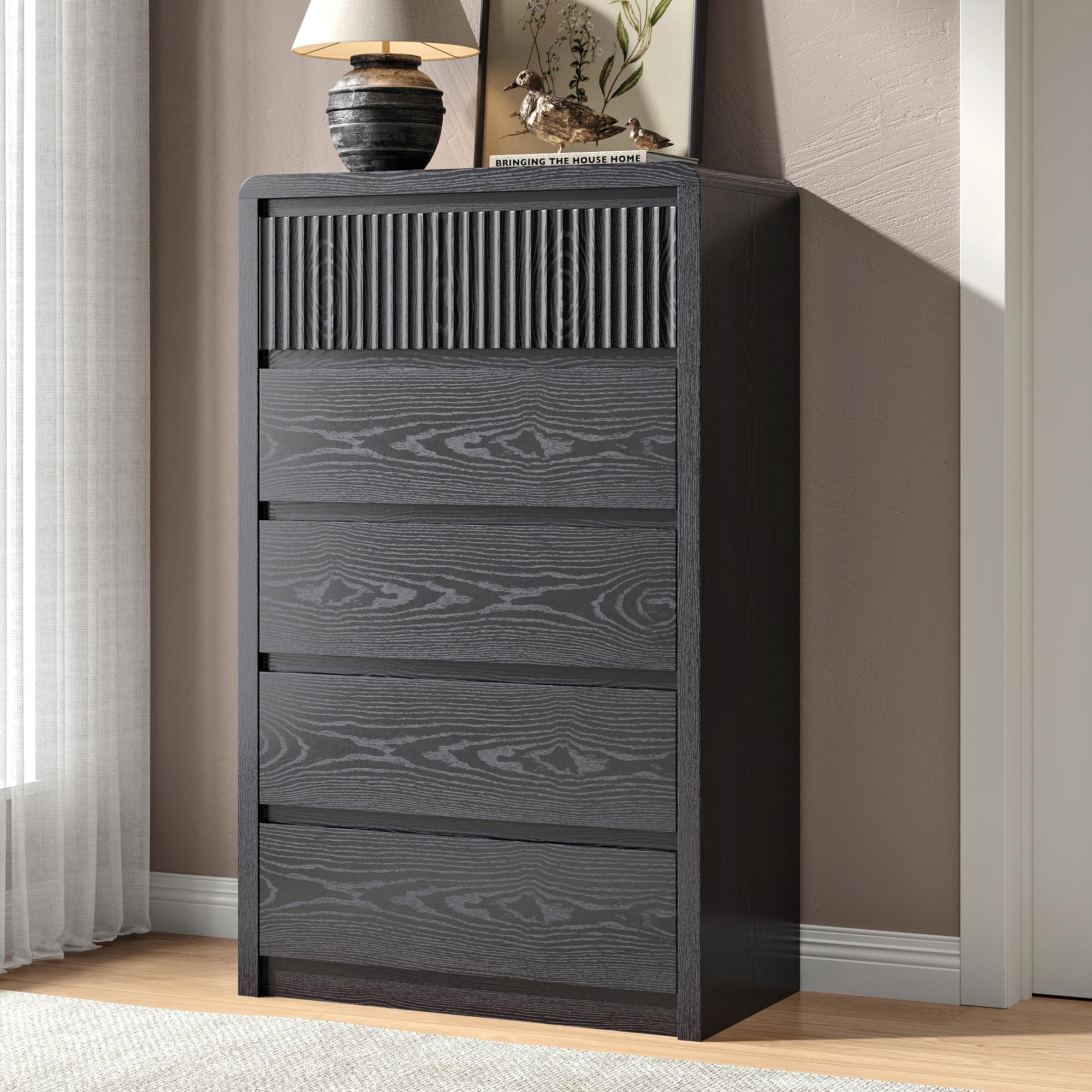 black fluted 5 drawer dresser for bedroom, 48” tall modern dresser & chest of drawers with curved profile design, wood mid century dressers for bedroom, living room
