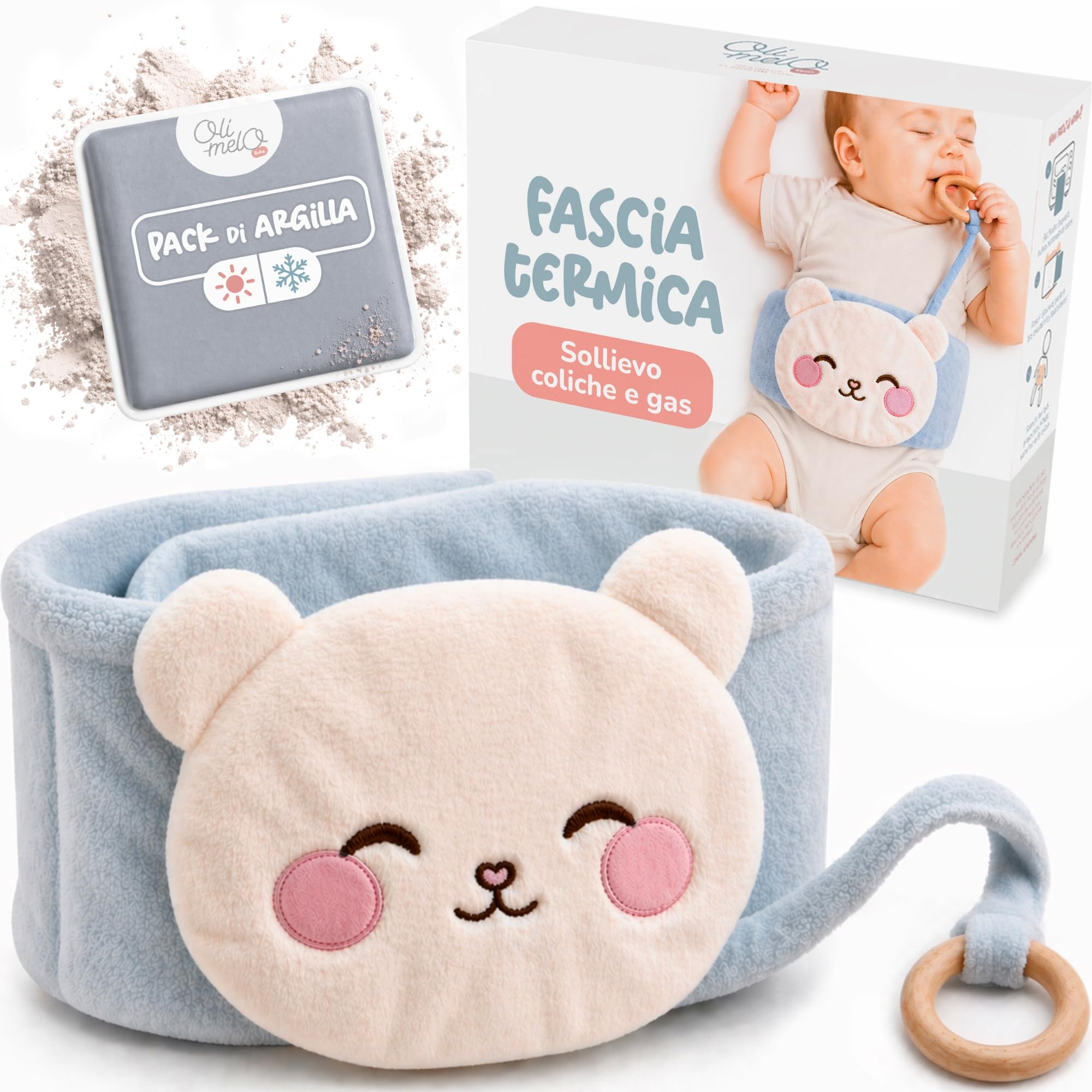 Borsa dell'Acqua Calda per Bebè Anti Coliche – Caldo & Freddo – Allevia Dolori & Gonfiori – CE – Impacco di Argilla, Anello da Dentizione Incluso, Fascia Peluche per Neonati e Lattanti