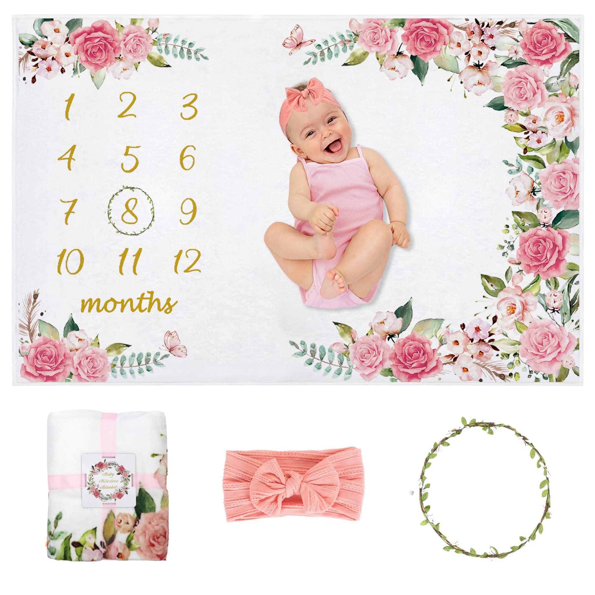 Manta mensual para bebé, Manta de hito para niña, Seguimiento del Crecimiento y la Edad, Regalos de Despedida de Soltera para mamá, Incluye Corona Floral y Diadema de Lazo Rosa, 60 x 40 Pulgadas