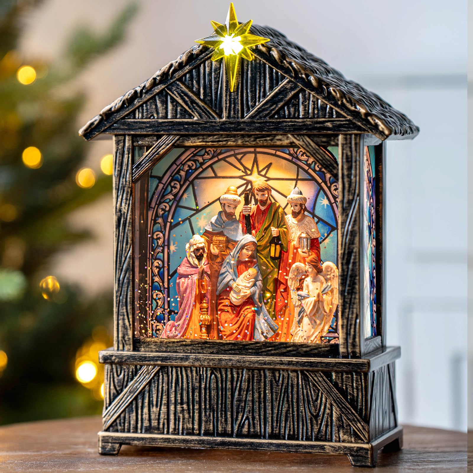 Lanterne boule à neige de Noël scintillante avec étoile, alimentée par USB/alimentée par piles, pour décoration de Noël, cadeaux