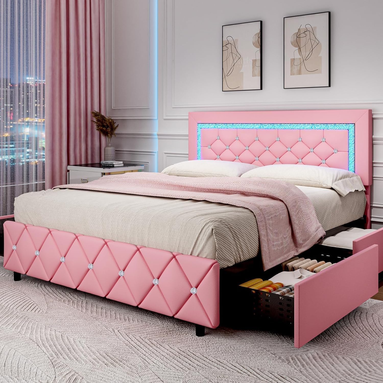 BarnFurin Queen Bed Frame with LED Lights, Upholstered Bed Frame with 4 Storage Drawers, Princess Platform Bed with Diamond Headboard and Footboard,