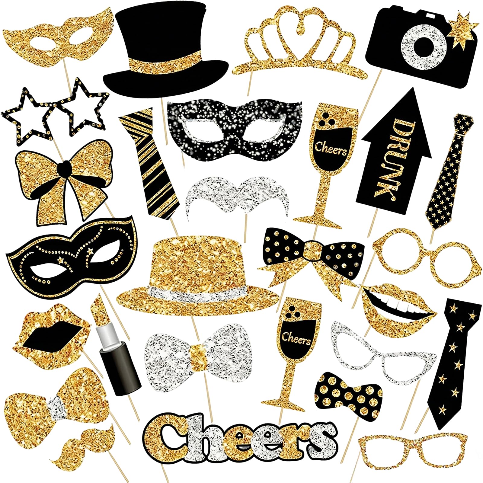 Hedayu 30 Pcs Photo Booth Props, Black and Gold Party Decorations, Funny Photo Props Set, Moustache Lipstick Tie and Glasses Multipurpose for Party Graduation Decortion
