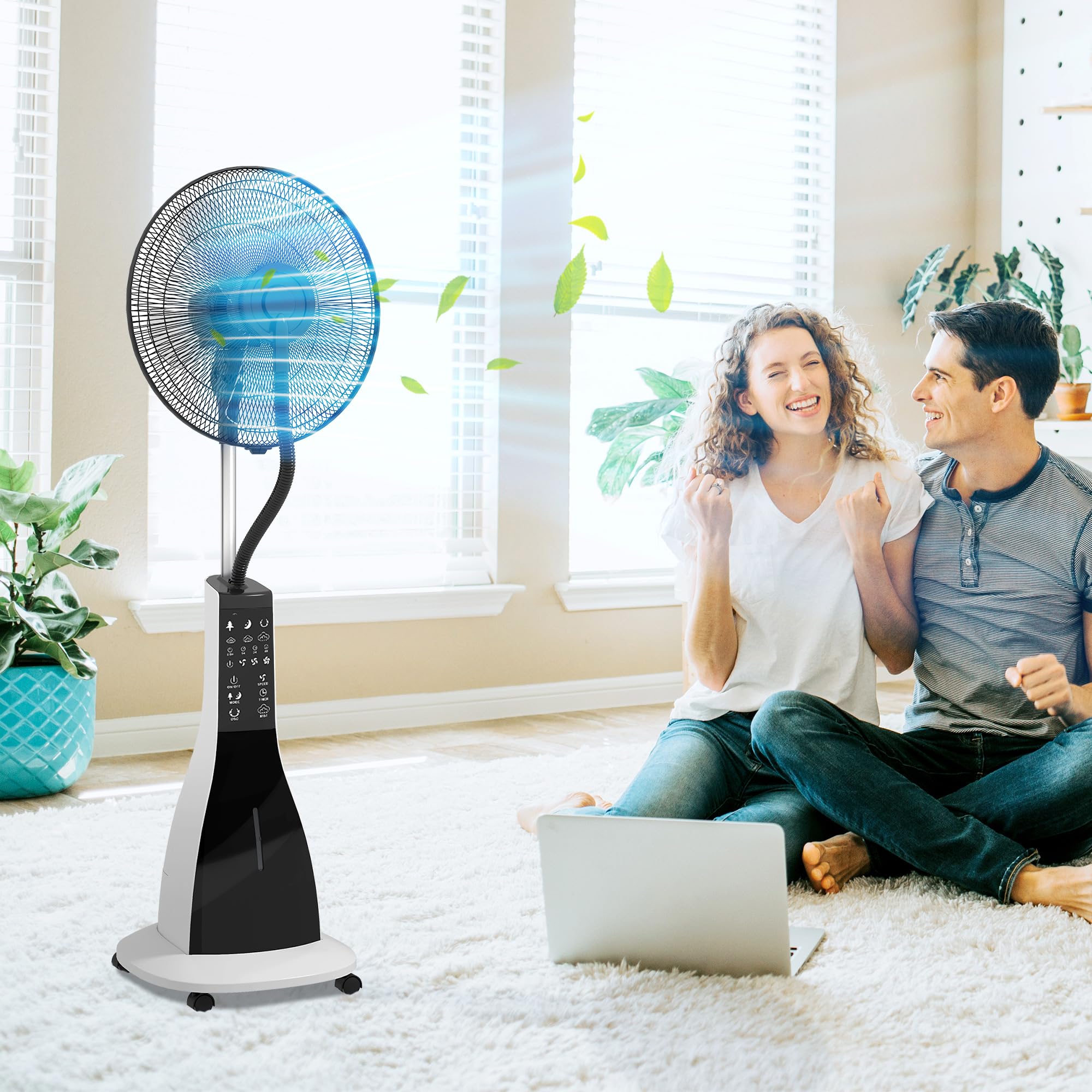 HOMCOM Ventilatore Nebulizzatore con Serbatoio 3L, Timer, 3 Modalità e 3 Velocità, Ventilatore a Piantana con Telecomando in Metallo e ABS, 44.5x38.5x120 cm, Bianco e Nero