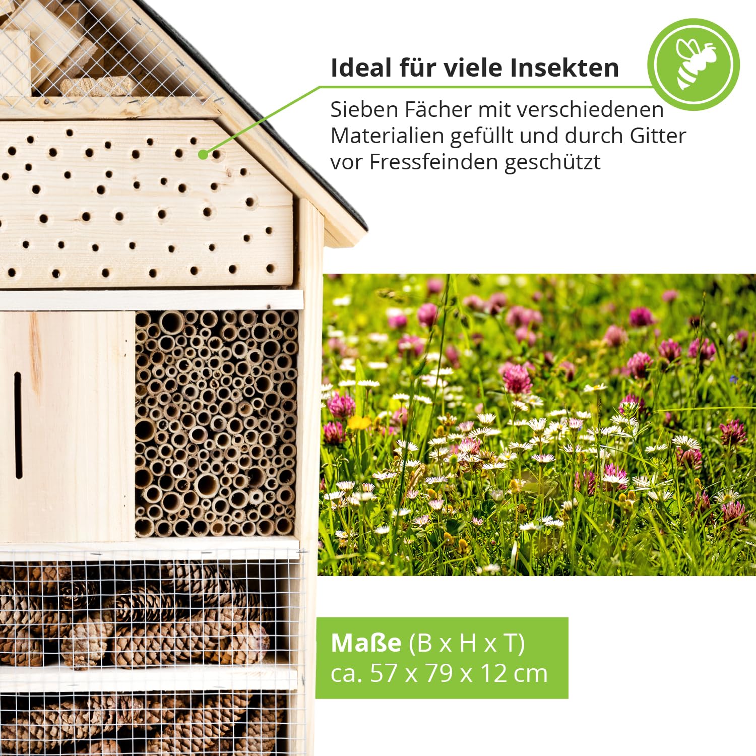 GARTENETAGE Insektenhotel XXL mit Schieferdach/Naturbelassenes, massives Insektenhaus & Bienenhotel/Insektenhotel zum Aufstellen mit Pfählen, witterungsbeständig/Marienkäferhaus, Schmetterlingshaus