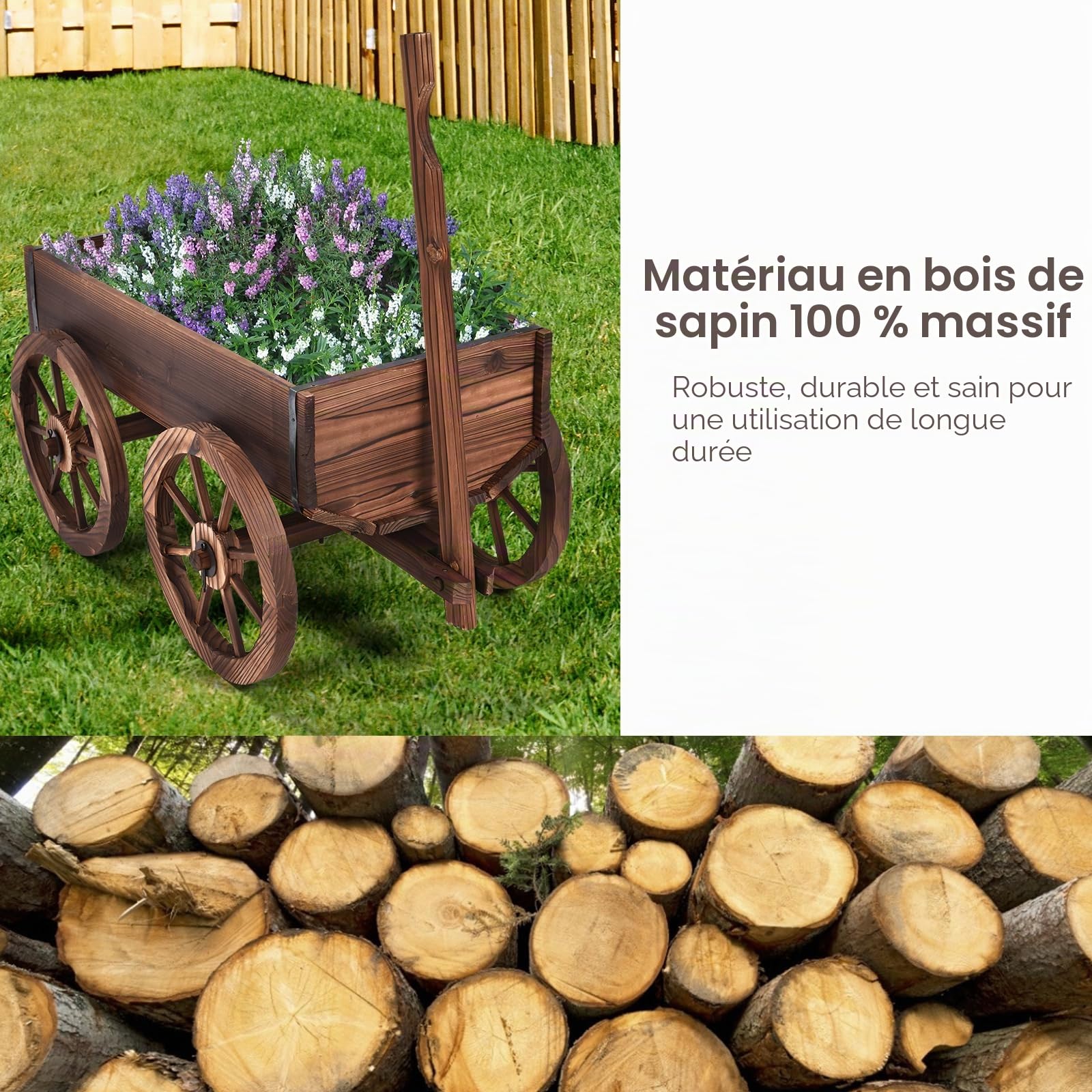 HOMASIS Brouette à Fleur en Bois avec Poignée Réglable et 4 Roues, Chariot à Fleurs avec Trous de Drainage, Jardinière Décorative de Plantes pour Jardin, Balcon, Terrasse, 75x43x53,5cm, Marron