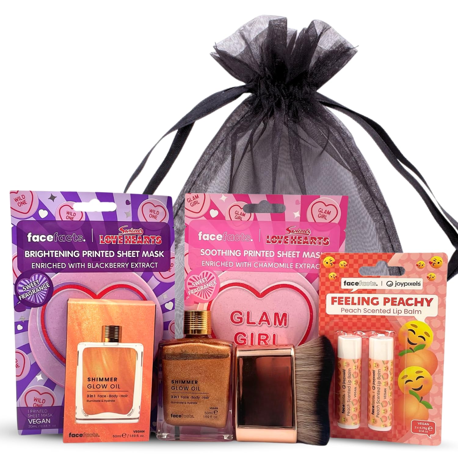 Shimmering Beauty Set Glow Oil for Hair Body and Face 50ml Lip Balm Sheet Masks Oil Brush Applicator Moisturiser Kit with Organza Bag Included