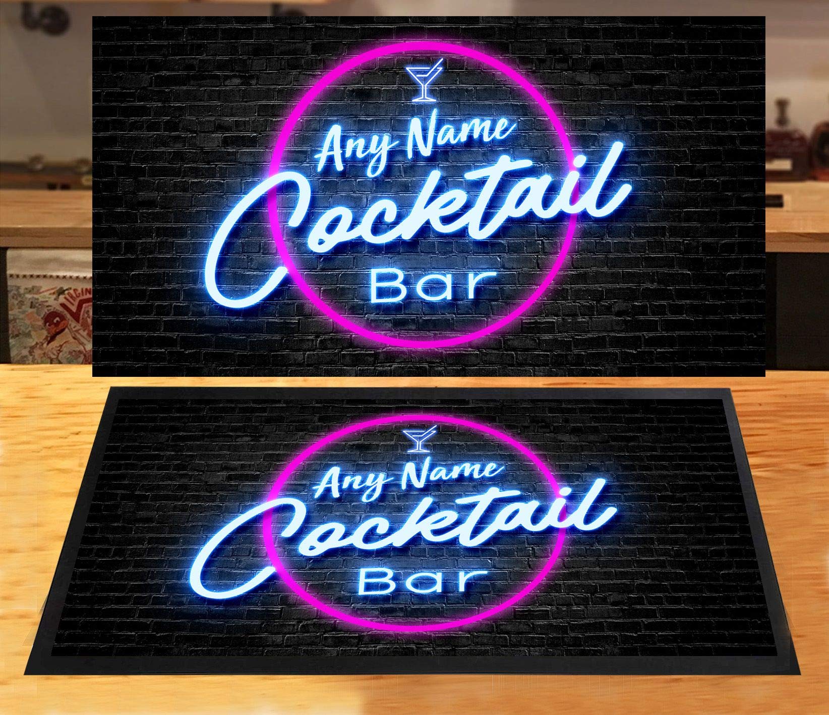 Artylicious Personalised Cocktail Bar Ruer Mat - Home Bar Pub Gift Neon Light Effect Print