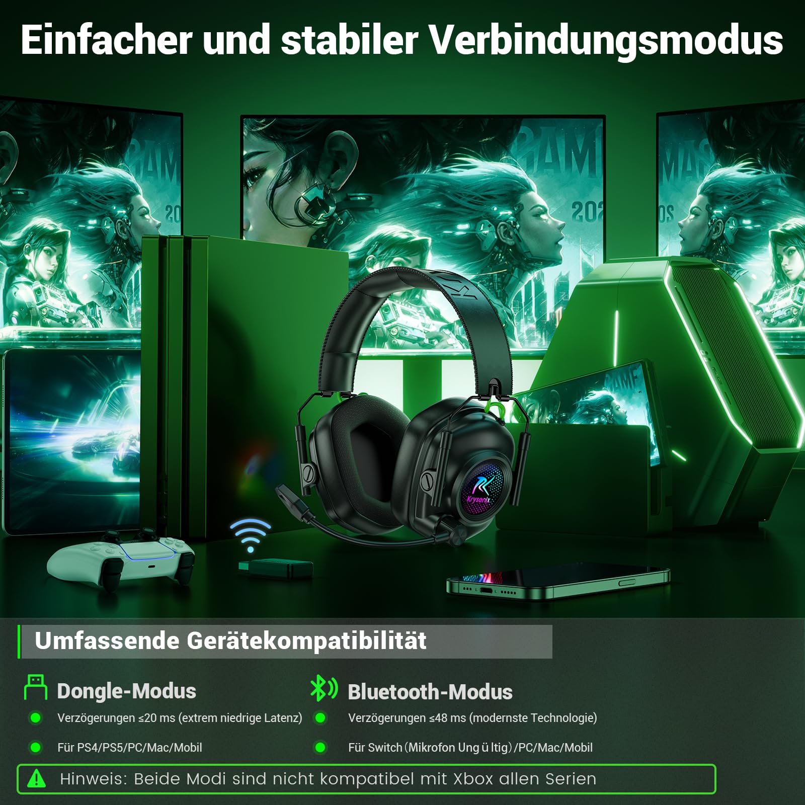 Krysenix KGH2 Gaming Headset Wireless, 2,4G Gaming Headset für PC, PS4, PS5, Mac, Switch, Bluetooth Kopfhörer Mit Mikrofon Geräuschunterdrückung, LED Licht, 40 Stunden Akkulaufzeit, Schwarz