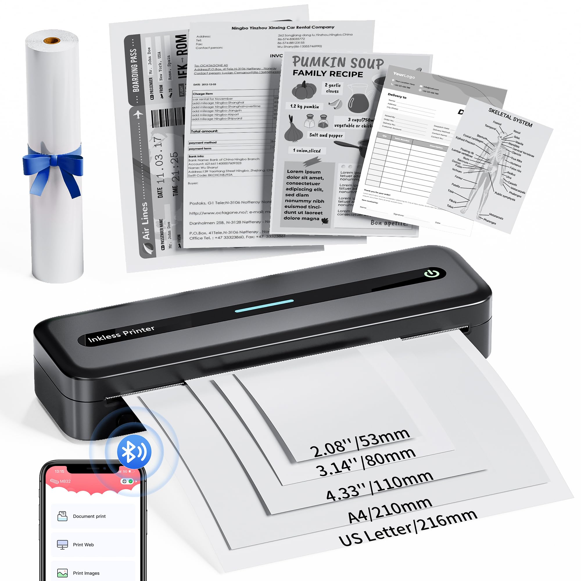 COLORWING Impresora portátil M832, impresora térmica para papel térmico A4, impresora Bluetooth, compacta para iPhone y Android, impresora portátil inalámbrica para viaje, color negro